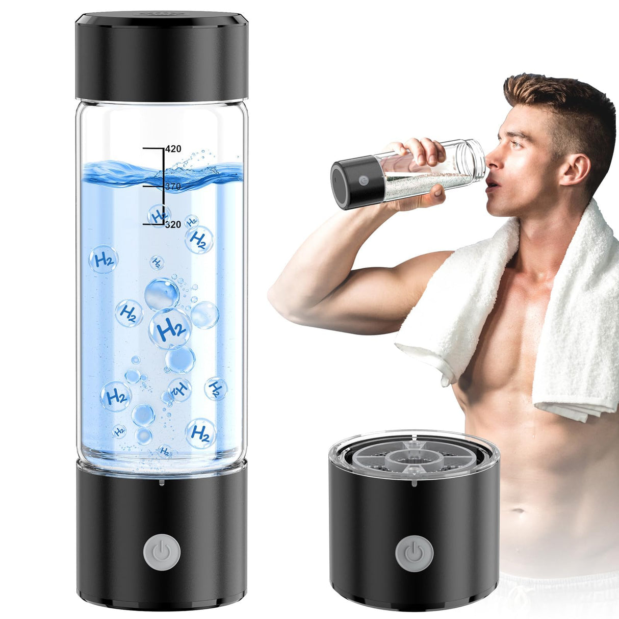 Hydrogen Water Bottle, 3Min 2200PPB Rapid Hydrogen Water Generator -SPE PEM Tech, 14OZ Portable Hydro Water Machine