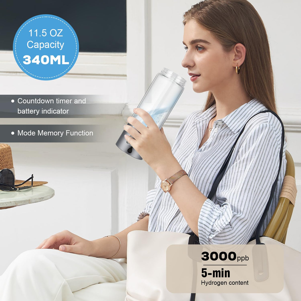 Hydrogen Water Bottle Generator with 4th Generation SPE/PEM Technology, Portable Hydrogen Water Ionizer Machine