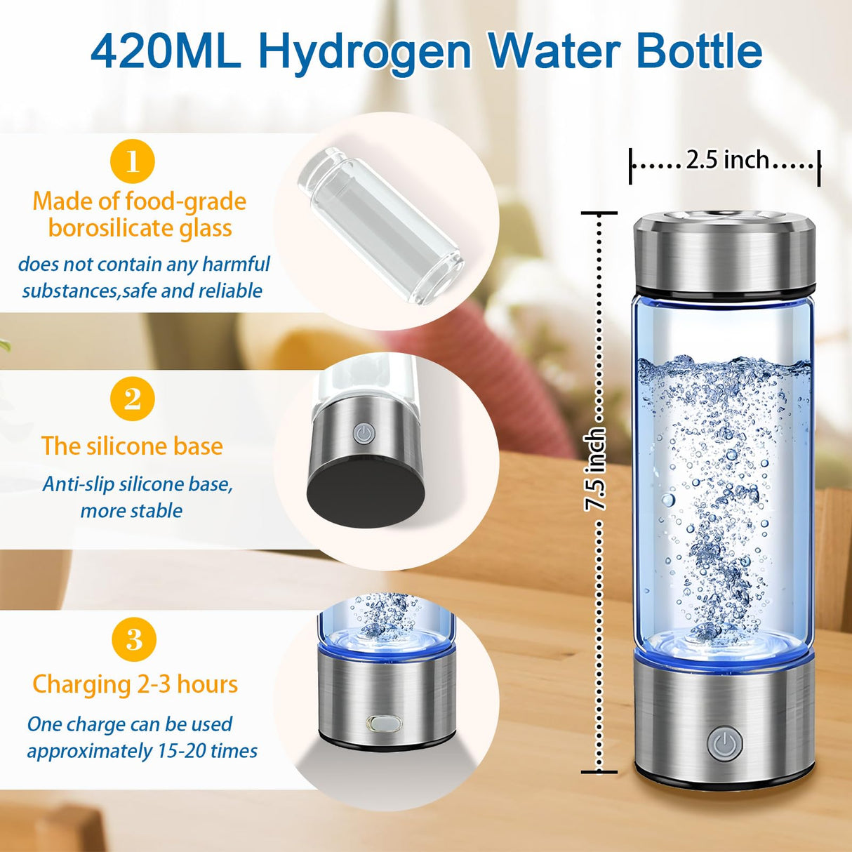 2025 Upgrade Hydrogen Water Bottle, Portable Hydrogen Water Ionizer Machine -SPE PEM Tech, Rechargeable Hydrogen Rich Water Glass Bottle