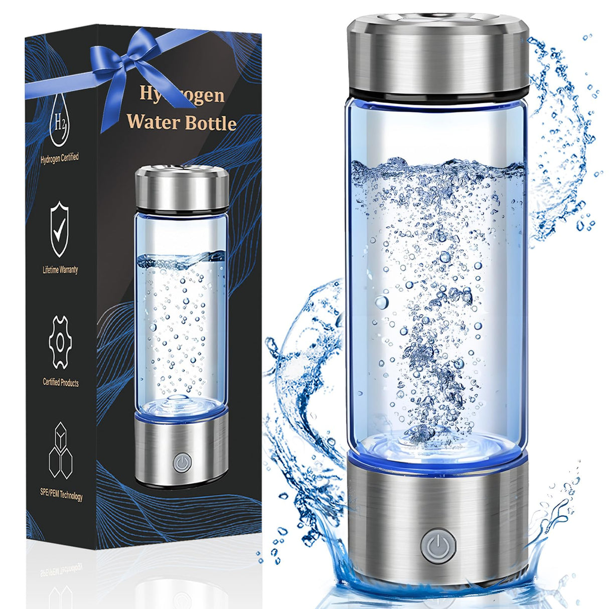 2025 Upgrade Hydrogen Water Bottle, Portable Hydrogen Water Ionizer Machine -SPE PEM Tech, Rechargeable Hydrogen Rich Water Glass Bottle